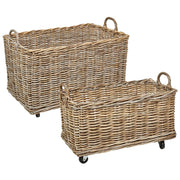 Set di 2 scatole in rattan naturale con ruote in plastica e manici in gomma, realizzati a mano con struttura in legno, in stile bohémien.