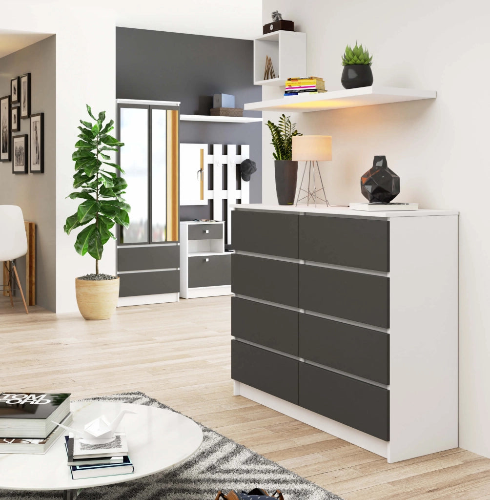 Cassettiera AKORD K120 Bianca 120 cm 8 cassetti inserto frontale Grigio Grafite 120x40x99 cm