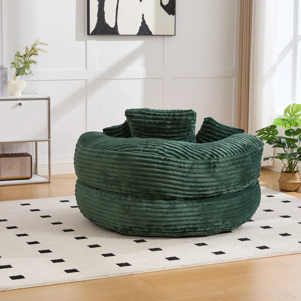 Poltrona a sacco in velluto a coste verde smeraldo, sedia lounge ergonomica con schienale alto e braccioli
