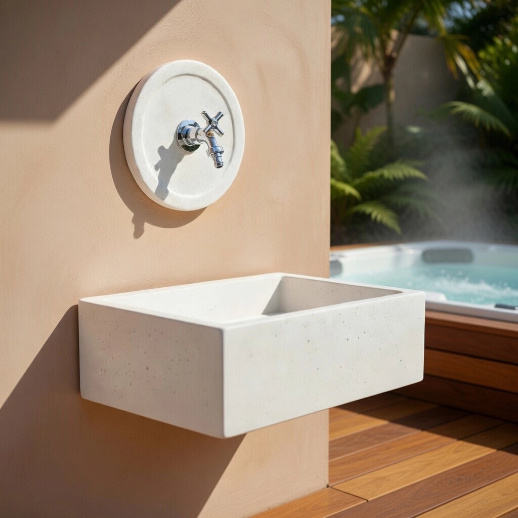 Lavello Rettangolare da Esterno 45x35 cm con Rosone Installazione a Muro in Cemento Madrid Bianco