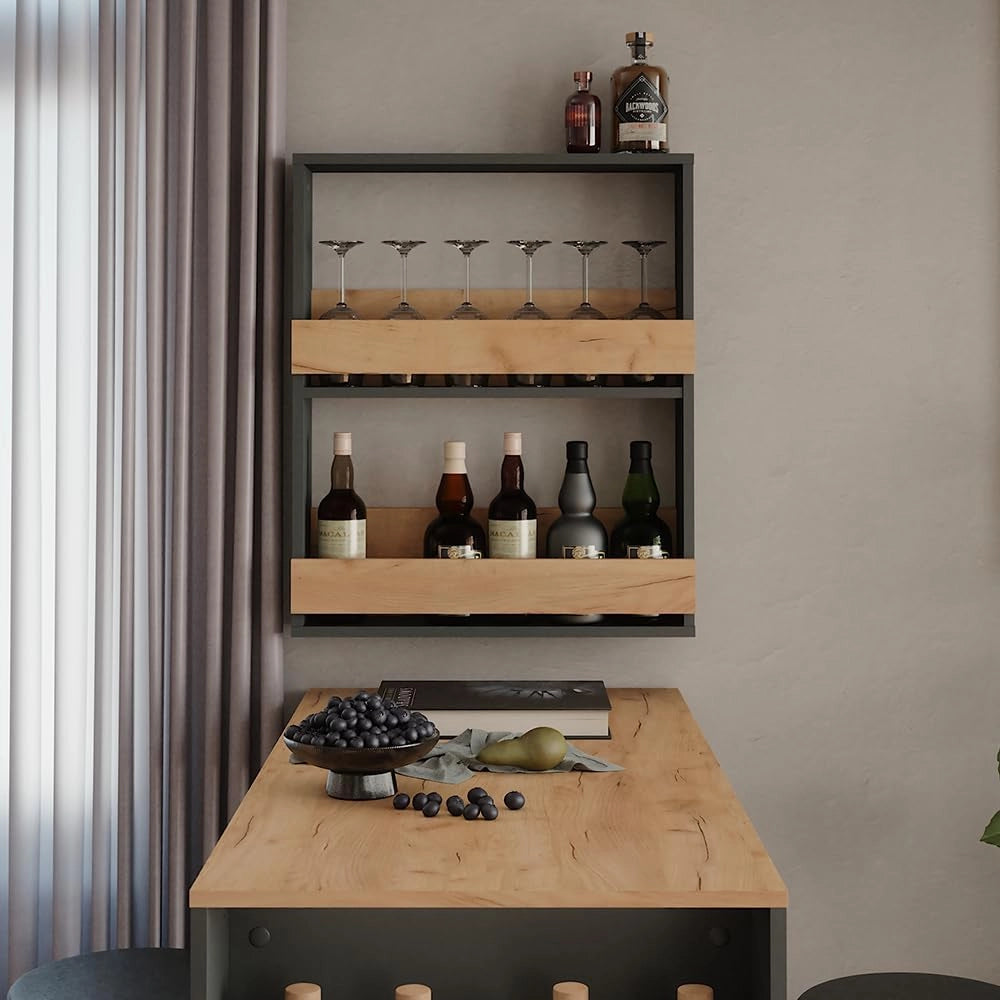 Portabicchieri da vino Repose, Quercia dorata/antracite, 60 x 72 cm, per montaggio a parete con supporti per fino a 8 bicchieri da vino