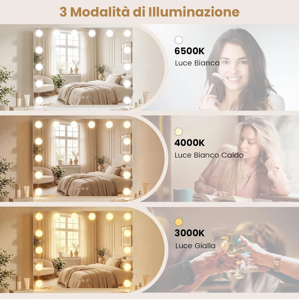 Specchio per Trucco Illuminato, Specchio da Tavolo con 14 Luci LED e Specchio con Ingrandimento 5X, Specchio da Toeletta con 3 Colori e Luminosità Regolabile, 50x43 cm
