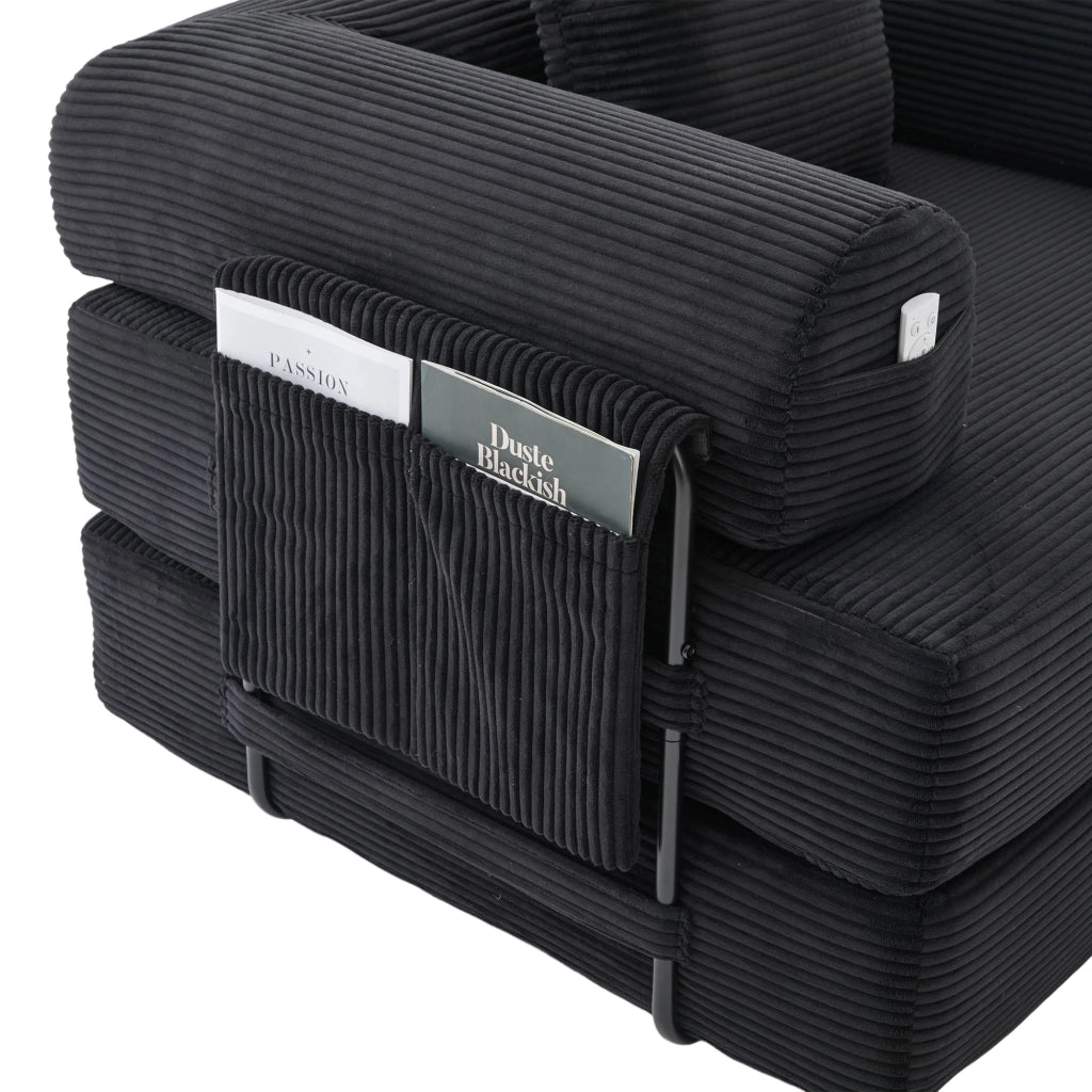 Divano modulare in corduroy nero con pouf, struttura in metallo, tasca laterale e 3 cuscini