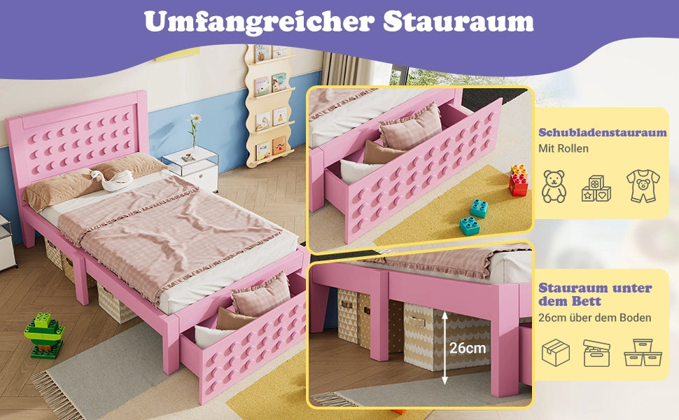 Letto Singolo con Cassetti e Contenitore ¨C MINIMAL ¨C Massello Rosa 90x190