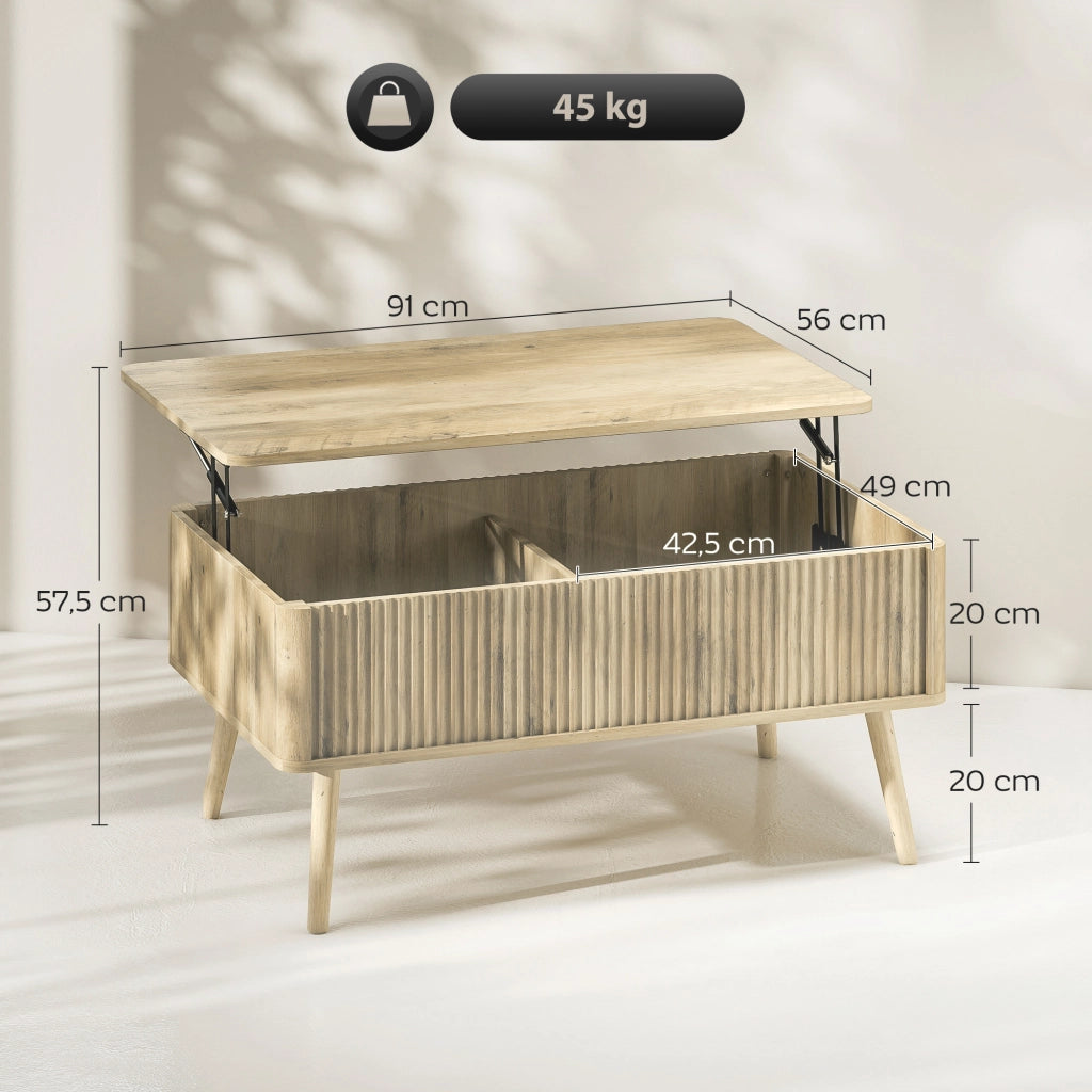 Tavolino da salotto con ripiano sollevabile e scomparti nascosti ¨C zephmum ¨C 91x56x43 cm, effetto quercia, gambe in pino