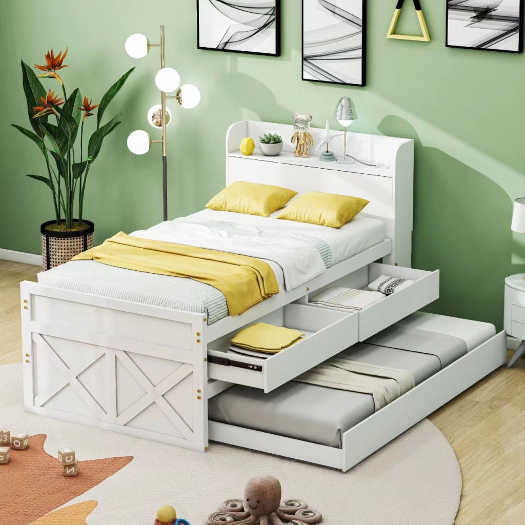 LETTO 90x190 cm in legno massello bianco con 2 cassetti, letto estraibile, USB