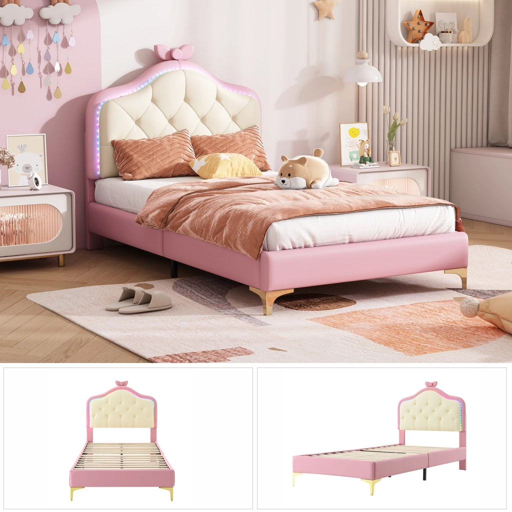 DESMIU Letto singolo 1 posto con LED multicolore e testiera ondulata, 90 × 200 cm, senza materasso, PU rosa e bianco