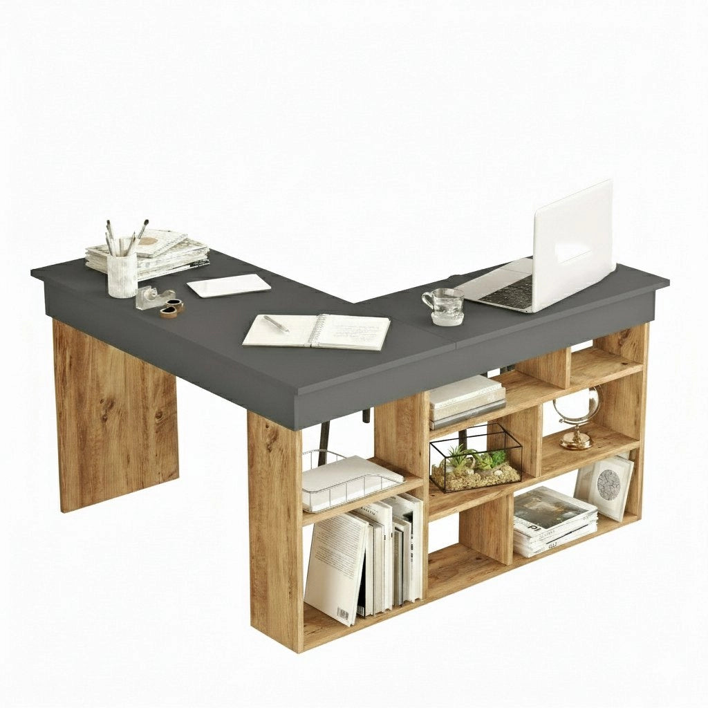 Scrivania Altin, Scrittoio multiuso, Tavolo per ufficio porta PC, Piano di lavoro, 129x120h72 cm, Quercia e Nero