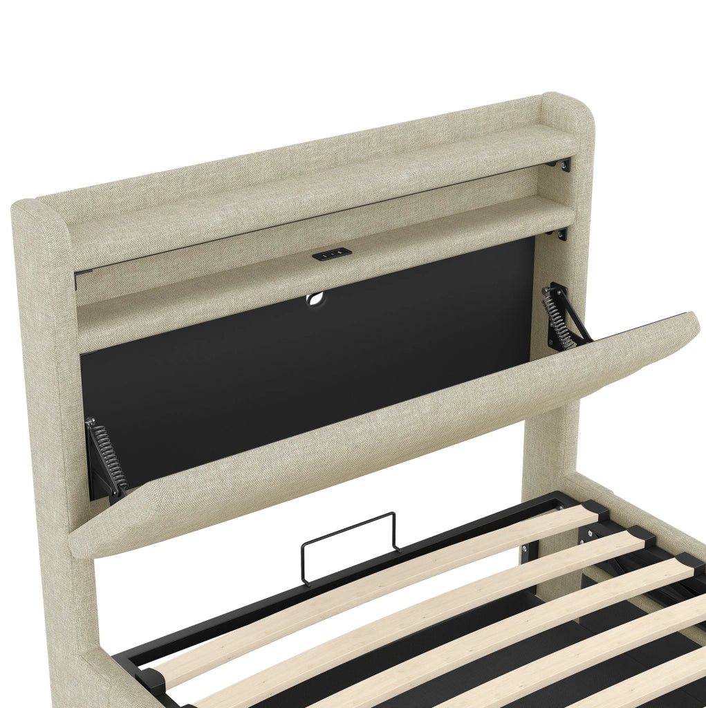 Letto imbottito 90x200 cm con contenitore idraulico; LED; USB e Type-C in lino beige