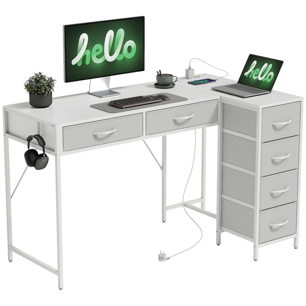Scrivania Angolare con Cassetti ¨C zephmum ¨C Legno e Acciaio, Bianco, 126x48x80 cm