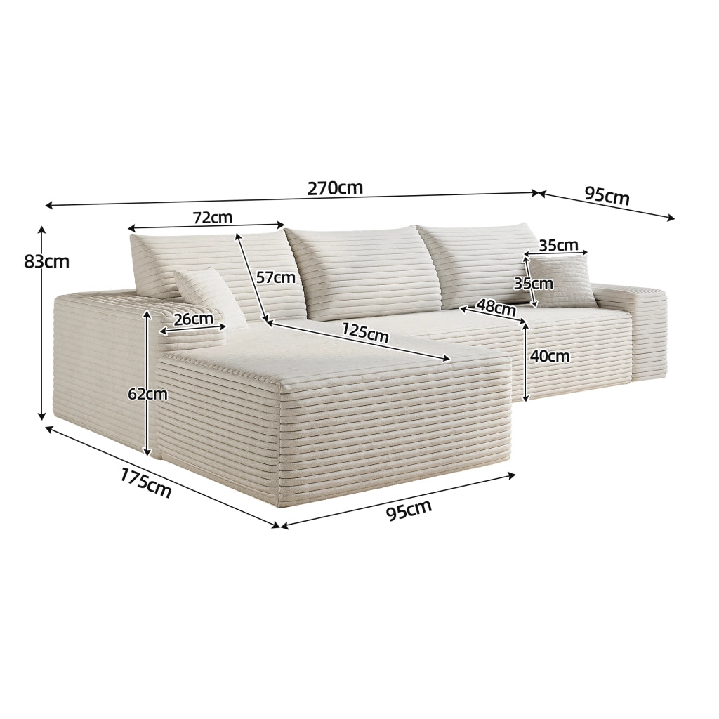 Divano angolare modulare con chaise longue in tessuto a righe, imbottitura in schiuma elastica, bianco 270 cm
