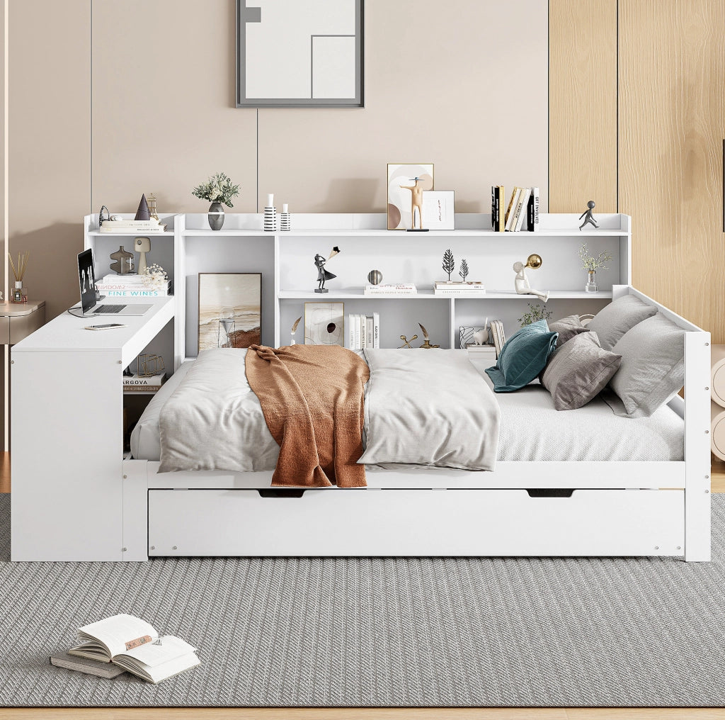 Letto multifunzionale in legno massello 140x200 cm con letto estraibile, scrivania e scaffali
