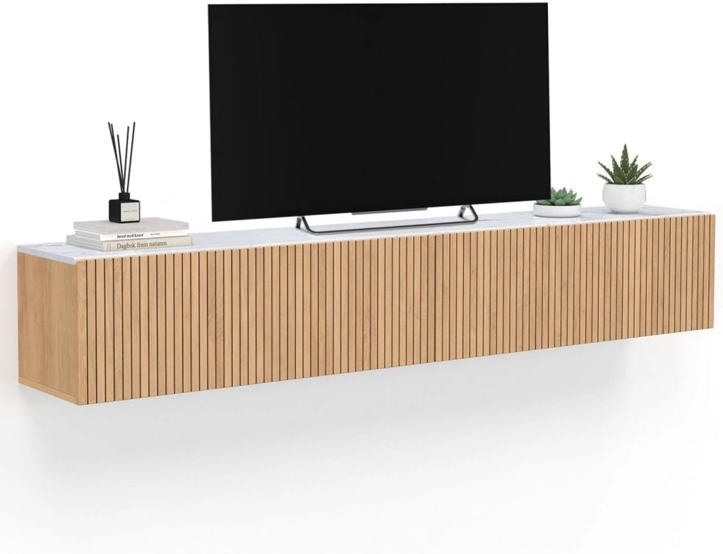 Mobile TV sospeso JULIETTE 180 cm con 2 ante, piano effetto marmo, doghe in legno color rovere