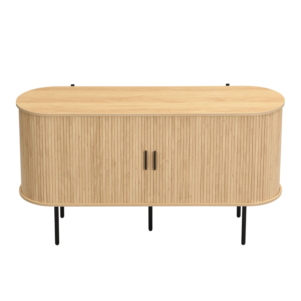 Credenza con 2 Ante a Serrandina Scorrevoli; Maniglie in Alluminio e Gambe in Ferro; in MDF; 140??40??78 cm; Naturale