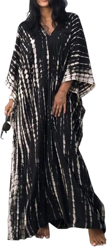 Abbigliamento lungo per donne - Tunicca da spiaggia con collo V e divisione laterale - Abbigliamento da salotto con stoffa a fiori
