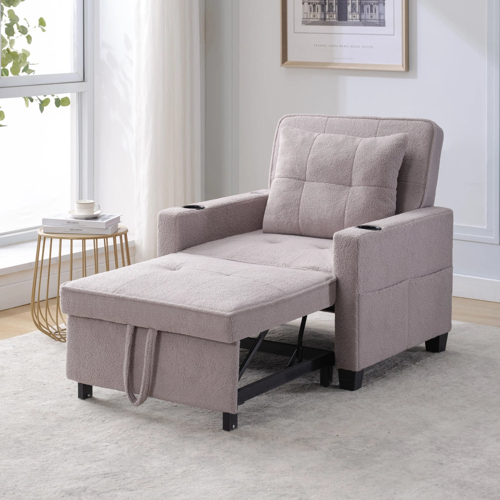 Divano letto 3 in 1 con schienale reclinabile portabicchieri porta USB per piccoli spazi in legno e metallo grigio