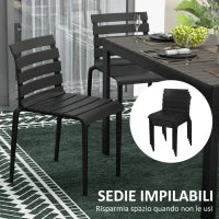 Set da Giardino con Tavolo e 4 Sedie Impilabili in Acciaio e Doghe in Plastica, Nero