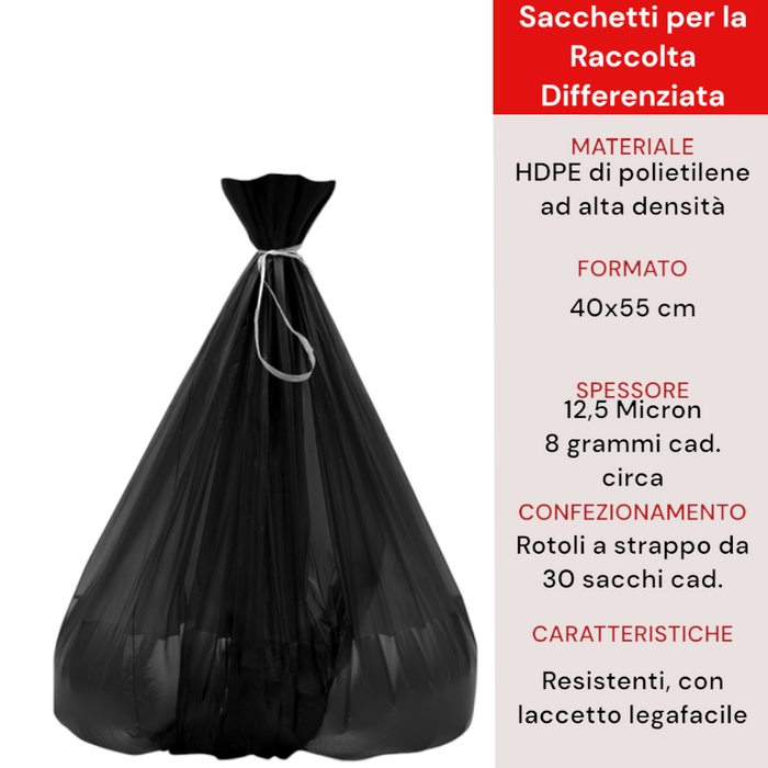 180 Sacchi Raccolta Differenziata Buste Immondizia 40x55 cm Sacchetti Spazzatura