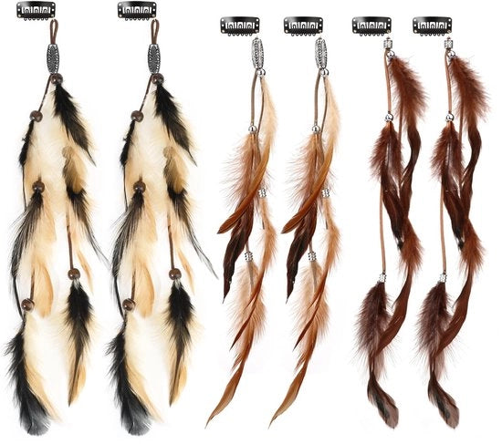 Accessori per capelli bohemien - Veer per capelli - Estensioni capellari - Copricapo con piume - 6 pezzi - Adatto per feste di costume - Estensioni capellari