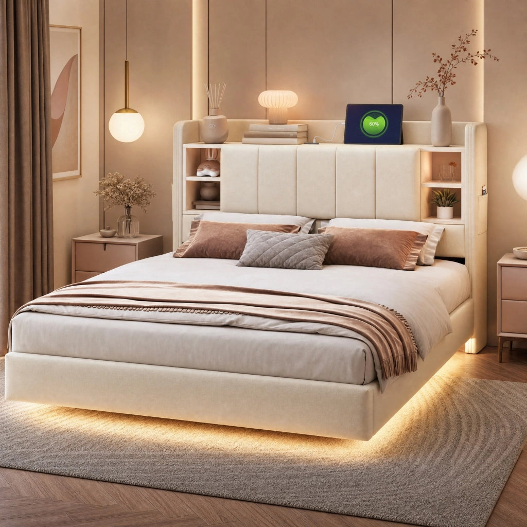 LETTO 140x200 cm Beige con LED e USB