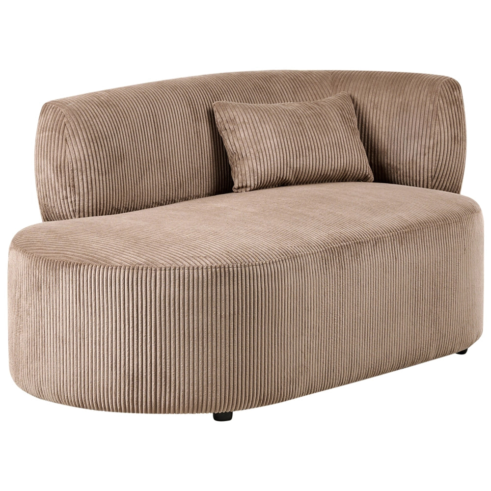 Chaise longue con rivestimento in velluto a coste beige sabbia e cuscino decorativo lato destro