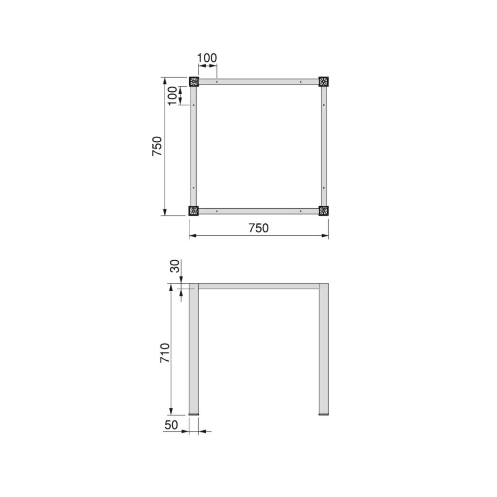 Emuca Gambe quadrate e struttura per tavolo, 50x50mm, 750x750, Verniciato nero, Acciaio, 1 u.