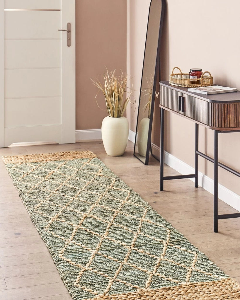 Tappeto Runner Verde e Beige Juta 80 x 300 cm Motivo geometrico Tessuto a mano Boho Corridoio Camera da letto