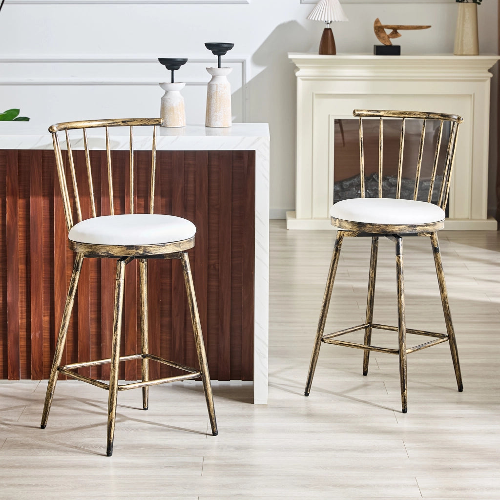 Sgabello da bar con schienale Windsor in metallo e seduta imbottita in PU marrone e bianco 73 × 45,5 × 45 cm