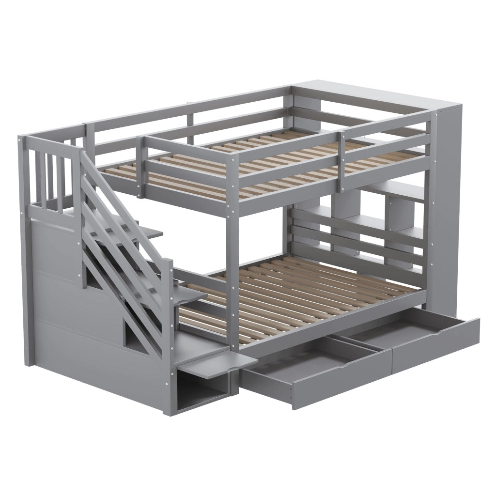 LETTO A CASTELLO 90x200 cm in Legno Grigio con Scala Contenitore e Cassetti