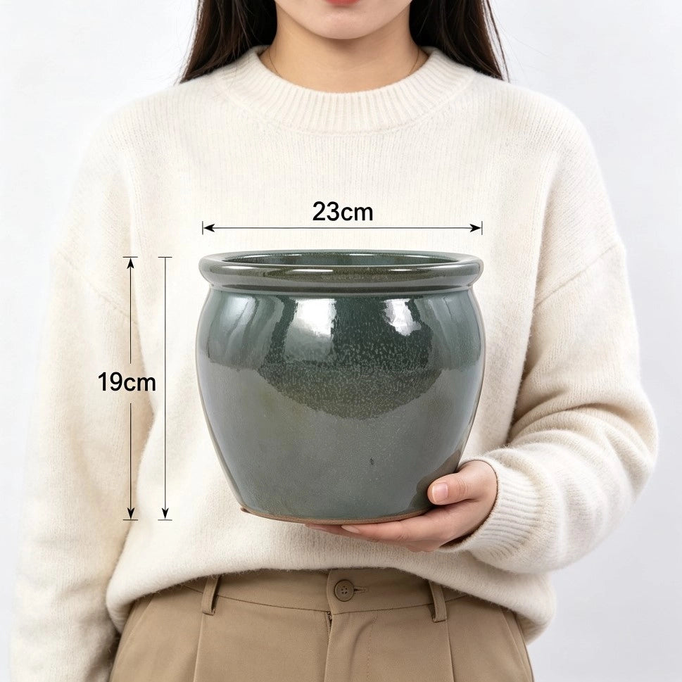 Fioriera a più livelli in ceramica fatta a mano con smalto lucido antich blu verde e fori di drenaggio Ø 23 cm