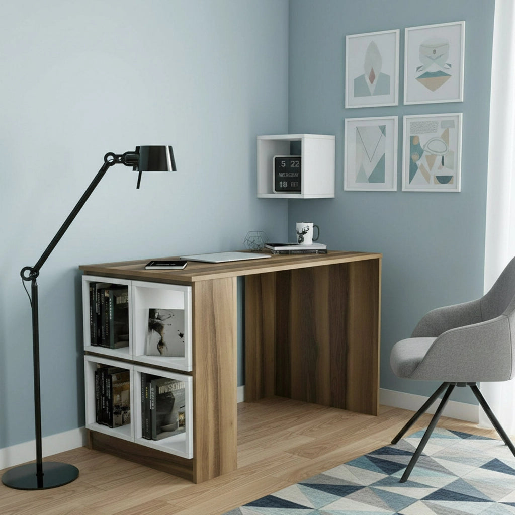 Scrivania Arsita, Scrittoio multiuso, Tavolo per ufficio porta PC, Piano di lavoro, 120x65h75 cm, Noce e Bianco