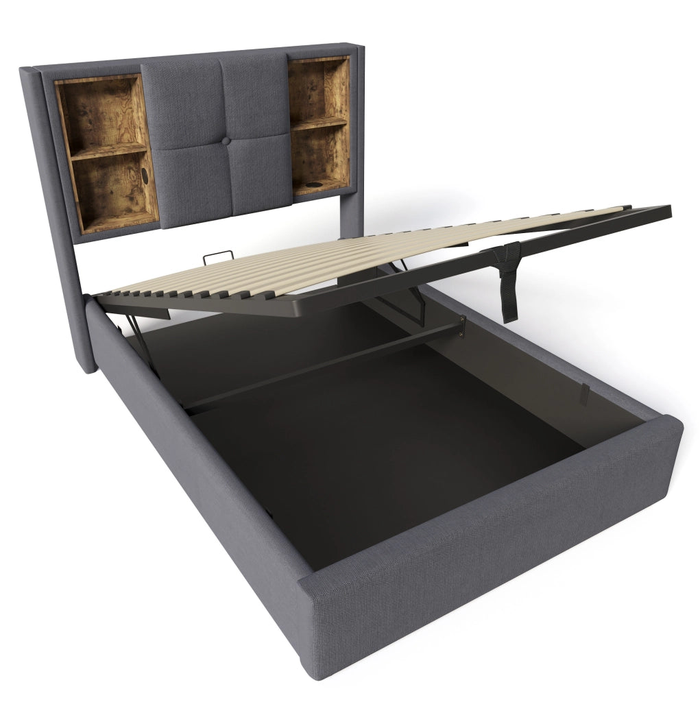 Letto imbottito ULEVR 90x200 cm con contenitore a gas, ricarica wireless, 2 USB e Type-C, grigio