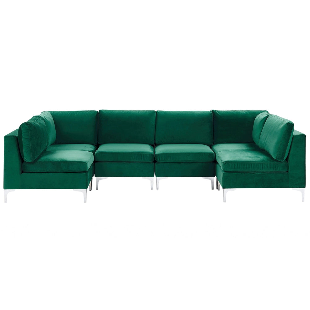 Divano componibile in velluto verde a forma di U 6 posti gambe in metallo argento stile glamour