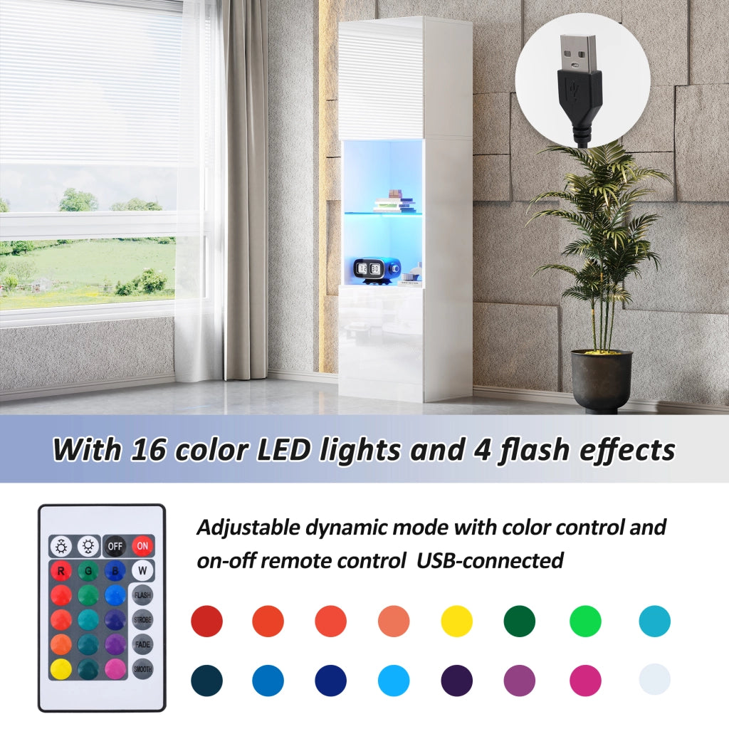 Vetrina con LED e 1 ripiano in vetro, anta lucida, per soggiorno e ufficio, truciolare bianco, 45 × 35 × 160 cm