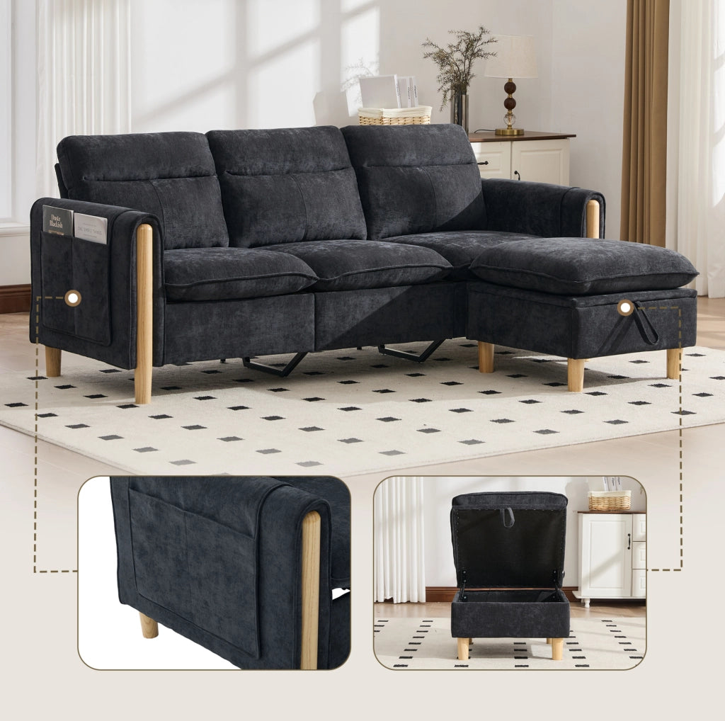 Divano angolare 3 posti in ciniglia nera con chaise longue reversibile e pouf contenitore
