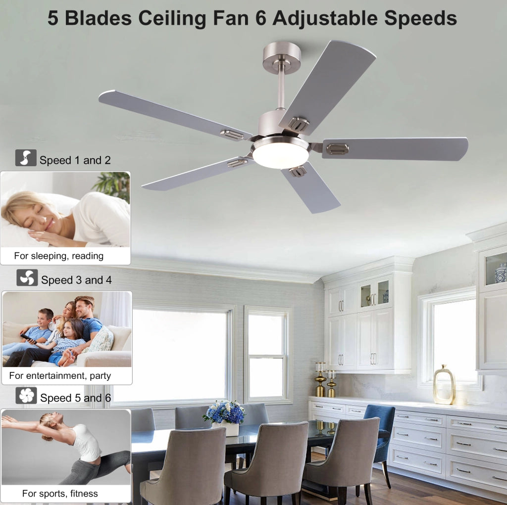 Ventilatore da soffitto con luce LED dimmerabile e telecomando; metallo e legno; color nichel