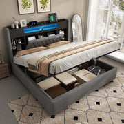 Letto matrimoniale 160x200 cm in lino grigio con contenitore; LED e porte USB
