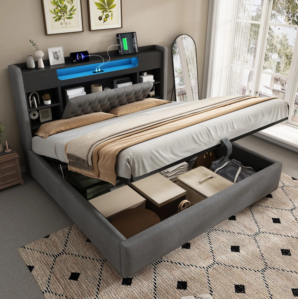 Letto matrimoniale 160x200 cm in lino grigio con contenitore; LED e porte USB