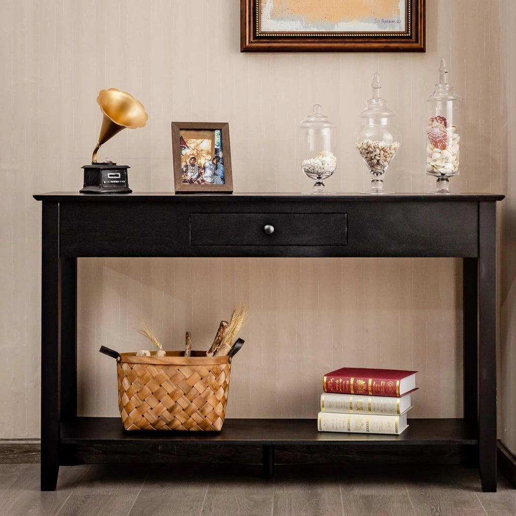 Tavolo consolle con cassetto, ripiano e piattaforma di visualizzazione a 2 ripiani in legno per ingresso, corridoio, soggiorno, camera da letto, tavolo multifunzionale per ingresso (nero)