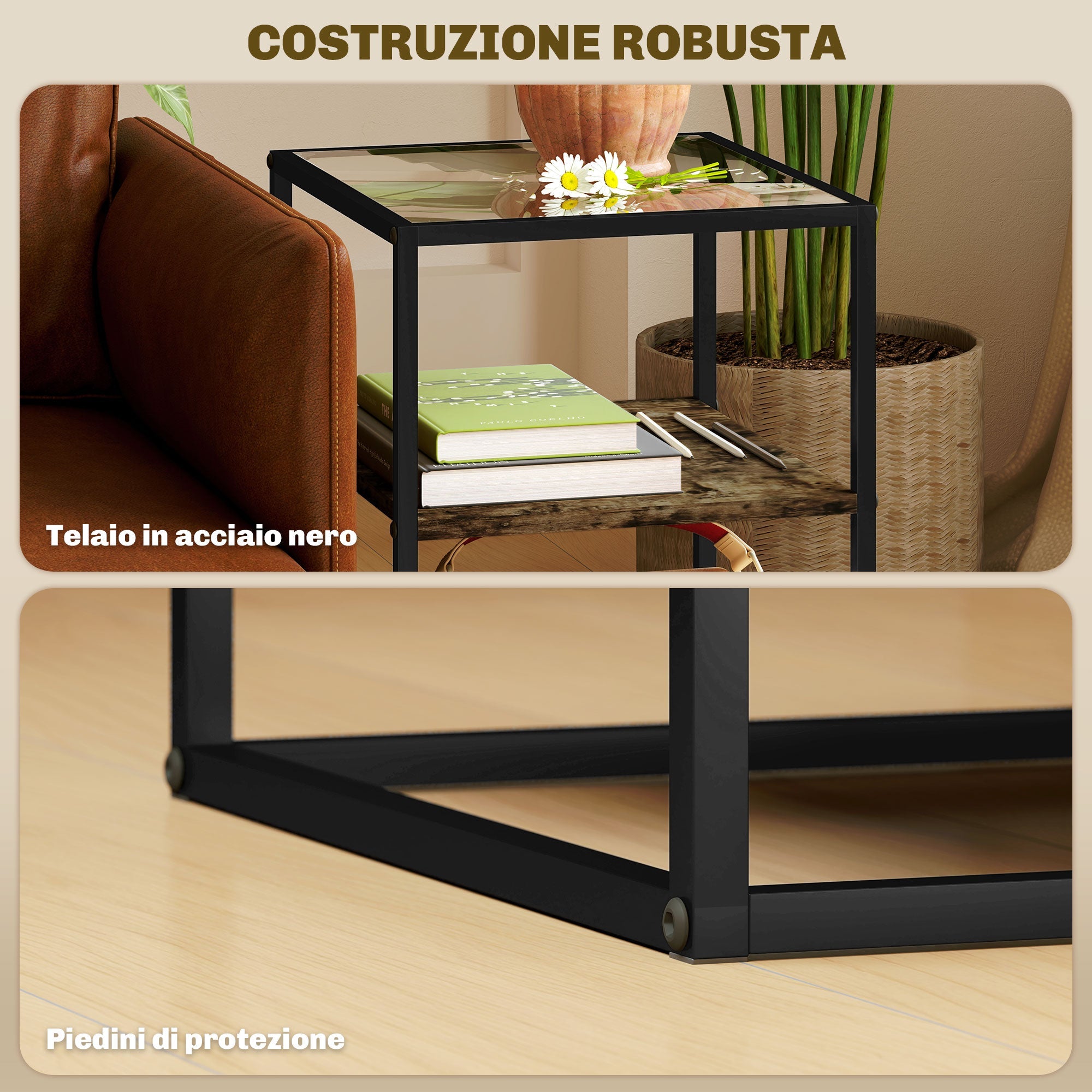 Set 2 Tavolini a 3 Livelli in Legno e Metallo con Piano in Vetro Temperato 37x40x55,5 cm Marrone