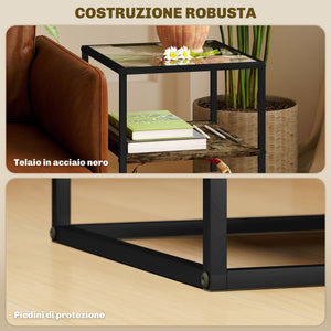 Set 2 Tavolini a 3 Livelli in Legno e Metallo con Piano in Vetro Temperato 37x40x55,5 cm Marrone