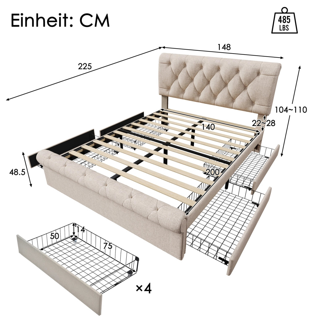 Letto imbottito 140x200 cm con materasso, 4 cassetti e testiera regolabile