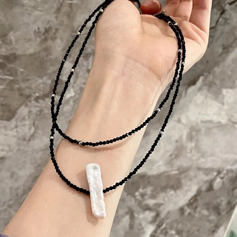 Collana lunga vintage con perle e cristalli neri per clavicola, regalo di Natale o compleanno.