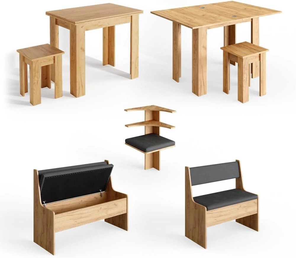 Gruppo panca ad angolo Roman, Quercia dorata, 150 x 120 cm con tavolo, adatto per il posizionamento ad angolo in cucine e sale da pranzo