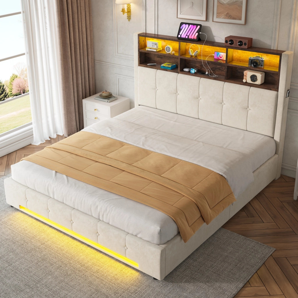 Letto imbottito 160x200 cm idraulico con LED USB colore beige in metallo e velluto