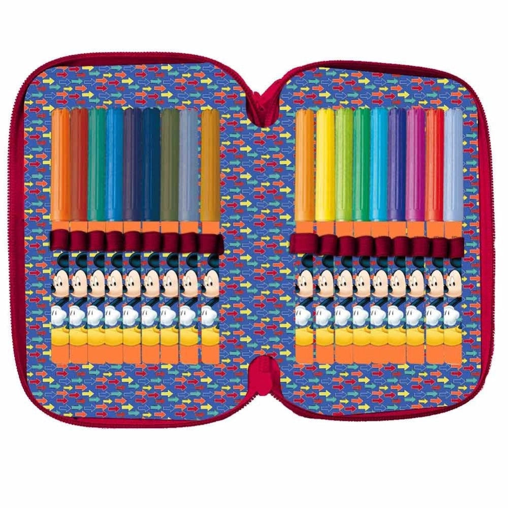 Trade Shop - Astuccio Portapastelli Scuola 3 Zip Topolino Accessoriato Pastelli Pennarelli -