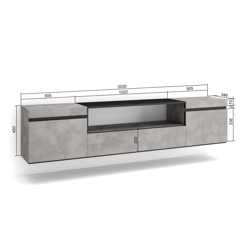 Mobile TV, 200x35x45cm, soggiorno, Per TV fino a 80", da appendere, grigio cemento RF2222