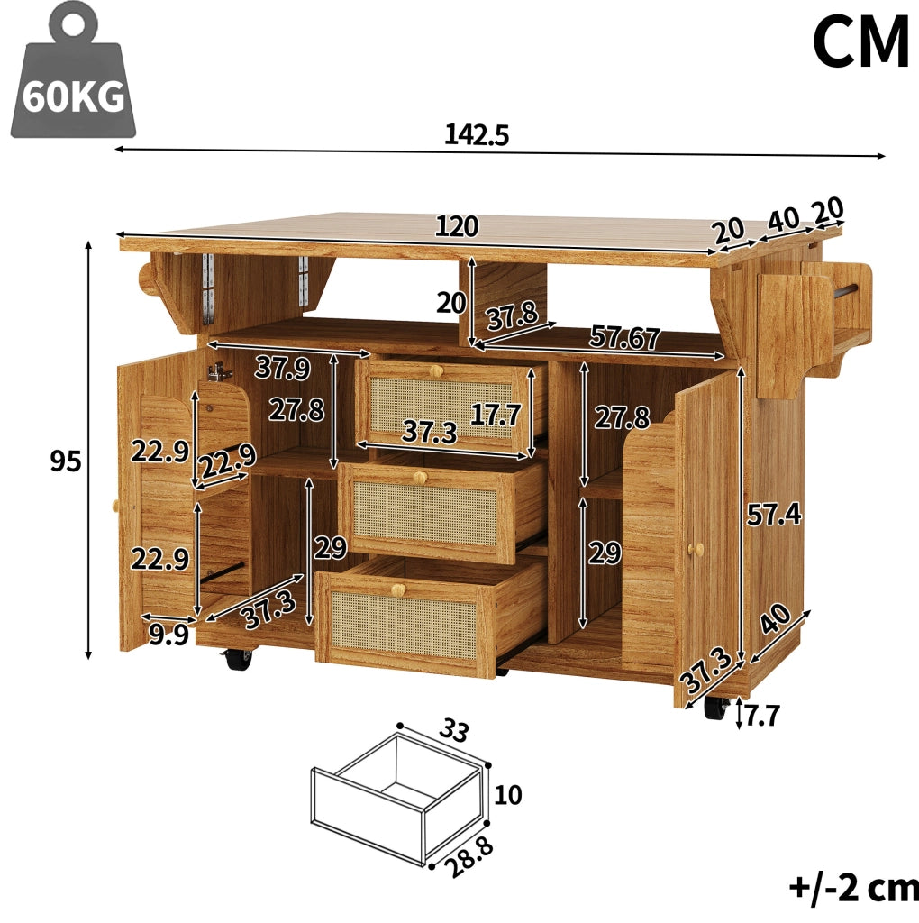 Carrello cucina pieghevole con piano estensibile, marrone scuro