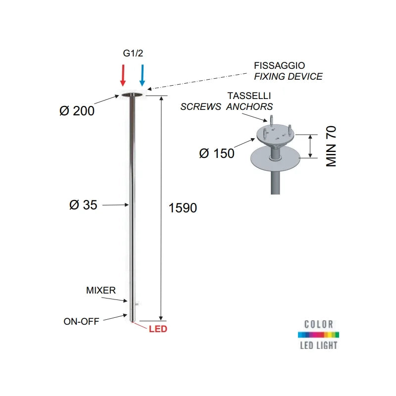 Miscelatore da soffitto 166 cm con dispositivo color - serie minimal color