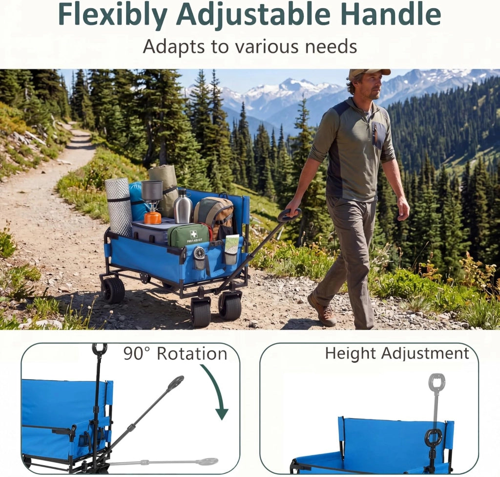 2 in 1 Carrello Spiaggia con Seduta, Carretto Pieghevole con Ruote Grandi e Cuscini Morbidi, Carrello da Campeggio, Giardino e Pesca, in Acciao Resistente, Chiusura Rapida, 80 KG, 85L (Blu)